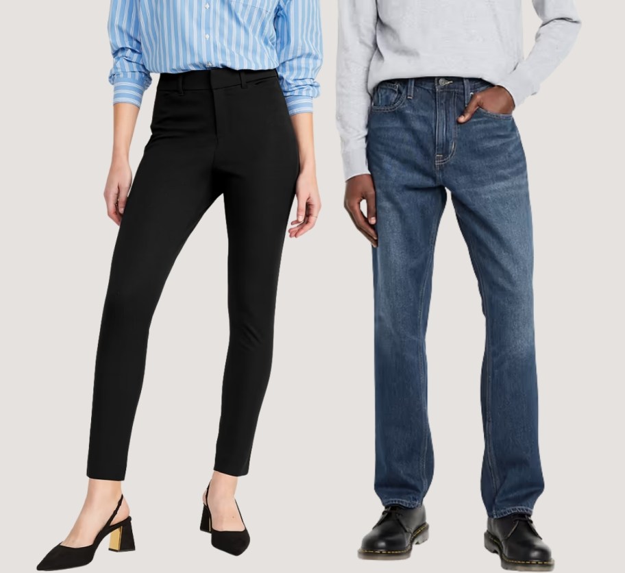 a women in a pair of pants and a man in a pair of jeans
