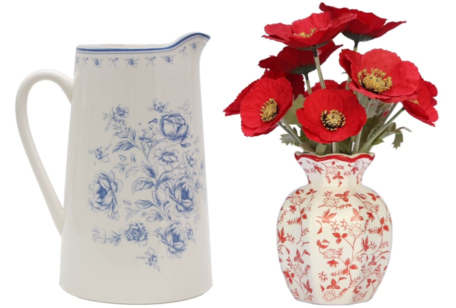 floral pitcher and red vase with flowers 