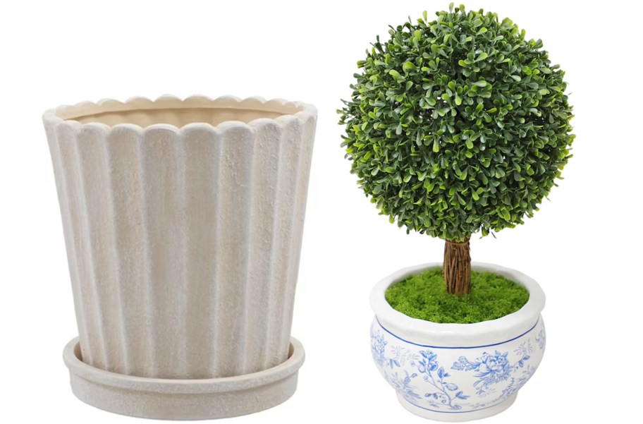 white planter and topiary in blue floral pot 