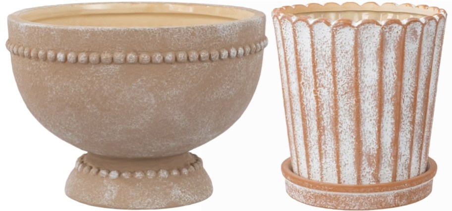 a round beaige planters shown with a round scalloped distressed planter
