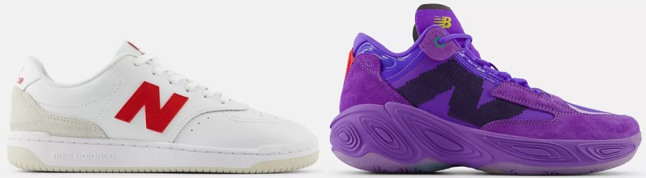 A white sneaker with a red "N" logo and a vibrant purple sneaker with abstract patterns are side by side,.