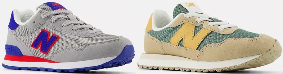 Two pairs of athletic sneakers: the left pair in gray with blue and red accents, and the right pair in green and beige with yellow details.
