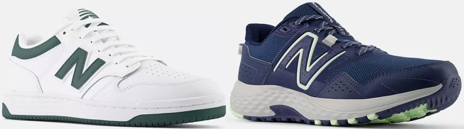 Two sneakers are side by side. The left shoe is white with green accents, featuring a simple design. The right shoe is dark blue with a rugged sole.