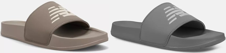 Two open-toe slide sandals are displayed. The left one is beige, and the right one is gray, both with bold, white lettering on the straps.