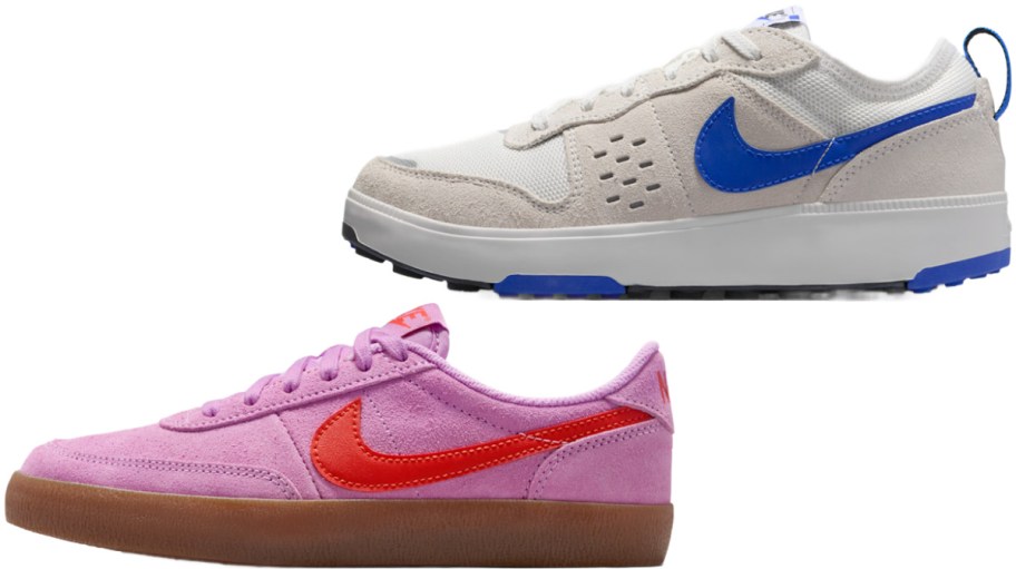 A pair of sneakers displayed against a white background. The top shoe is beige with a blue swoosh, while the bottom shoe is pink suede with a red swoosh.