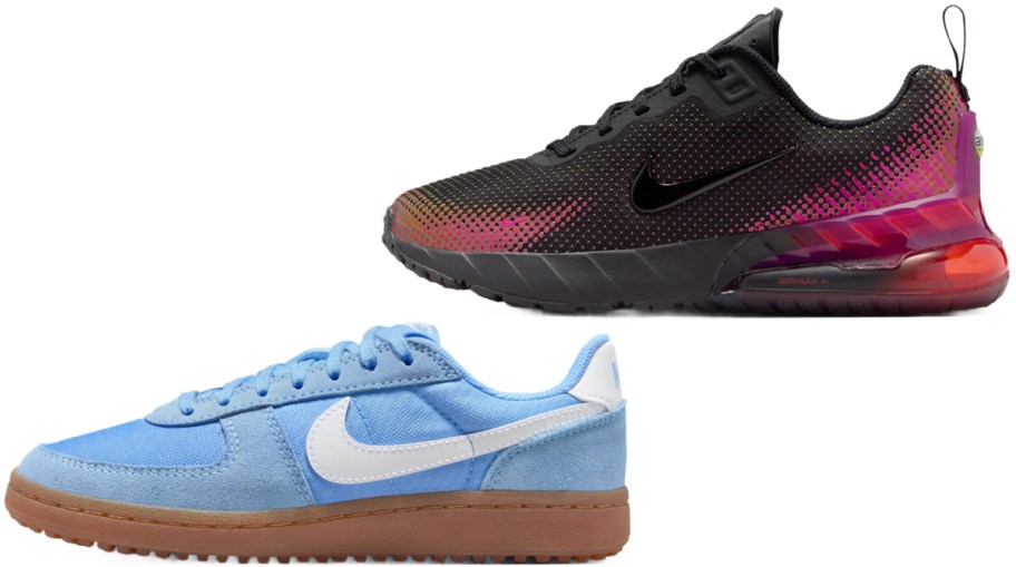 Two sneakers are shown. The top shoe is black with a gradient of red and pink accents, while the bottom shoe is light blue with a white swoosh and a brown sole.