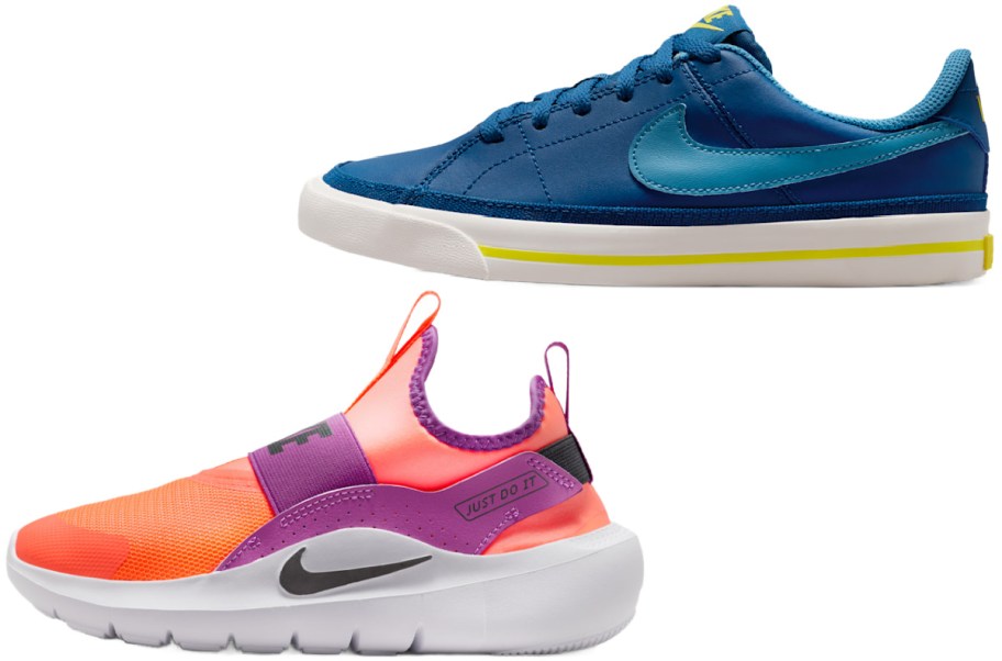 Two sneakers are displayed: the top is a blue lace-up with a teal swoosh, and the bottom is an orange slip-on with pink and purple accents.