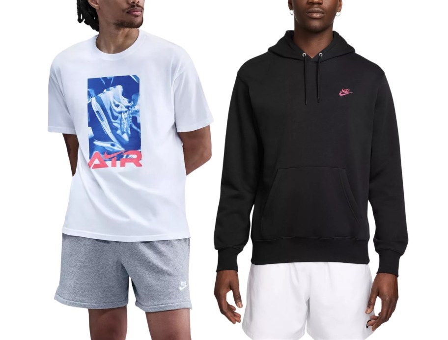 a man in a white graphic tee and one in a sweatshirt hoodie