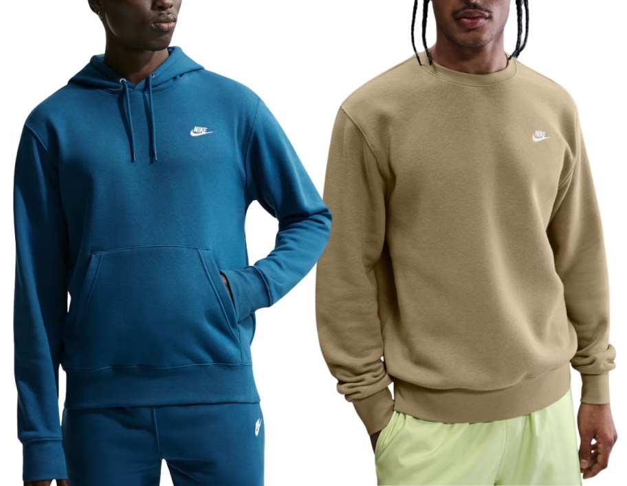 two men in 2 different styles and colors of nike sweatshirts