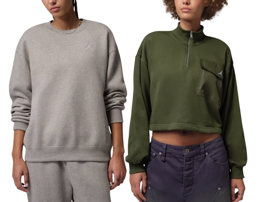 two women in 2 different styles and colors of nike sweatshirts
