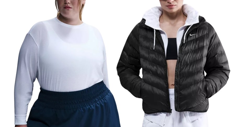 a woman in a long sleeve tee and a woman in a cropped puffer jacket
