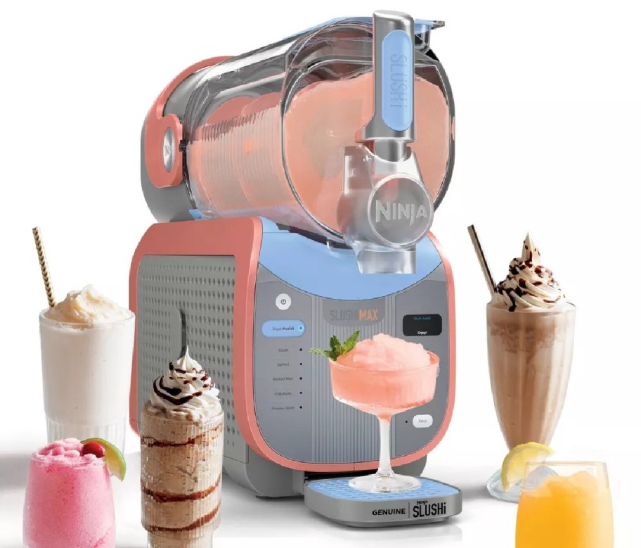 stock image of the ninja slushi max machine with various frozen drinks around it