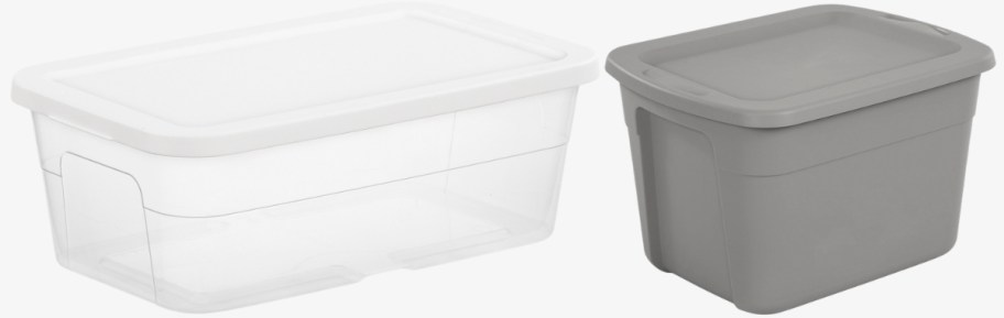 clear storage bin and gray storage bin