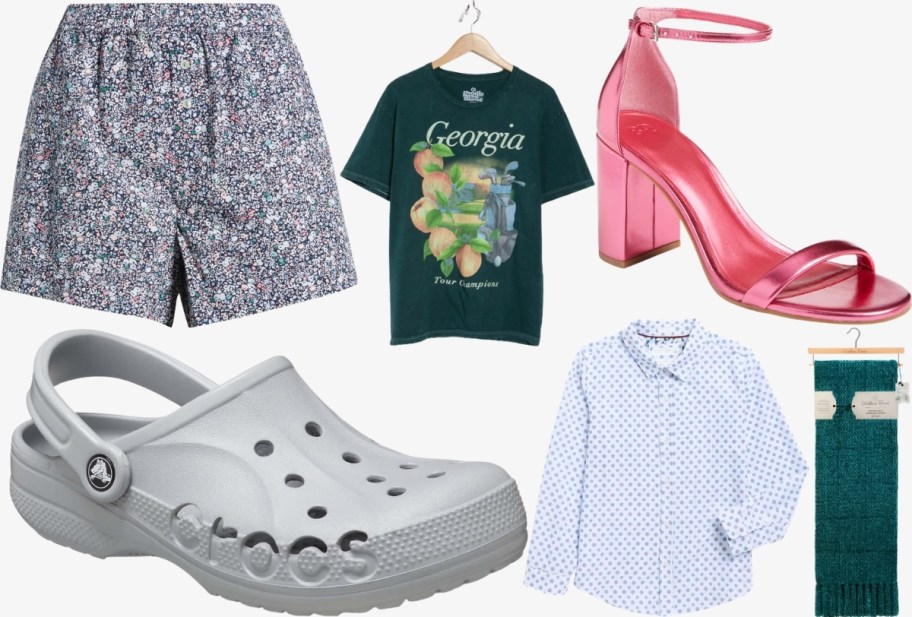 nordstrom rack clearance shorts, tee, heeld sandal, croc clog kids buttondown shirt and a throw blanket