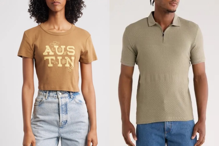 woman. in a tee and man in a texture polo shirt
