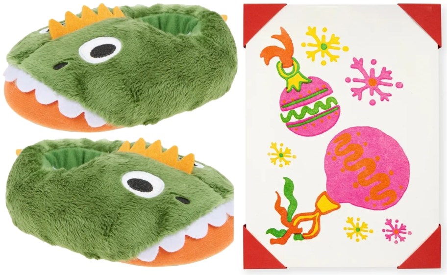 a pair of kis fuzzy monster slippers and a holiday wall art piece with christmas ornaments painted on it