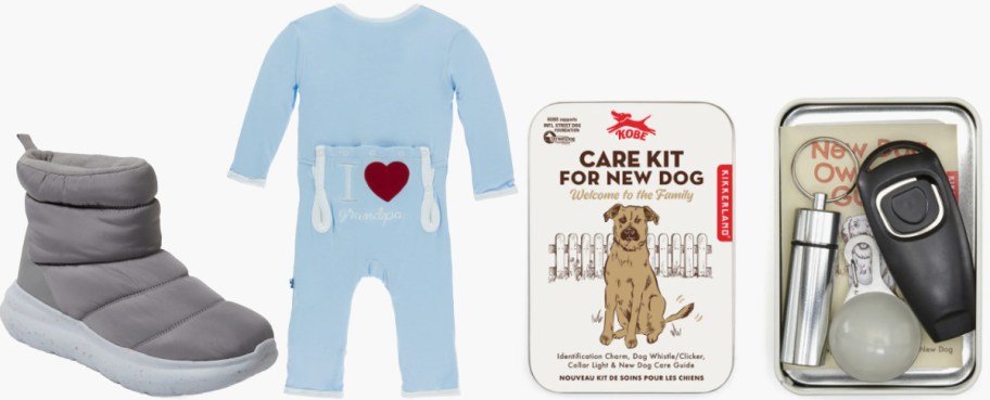 A collection of gifts including a gray boot, a blue baby onesie with 'I heart Grandpa', and a dog care kit tin with accessories inside.