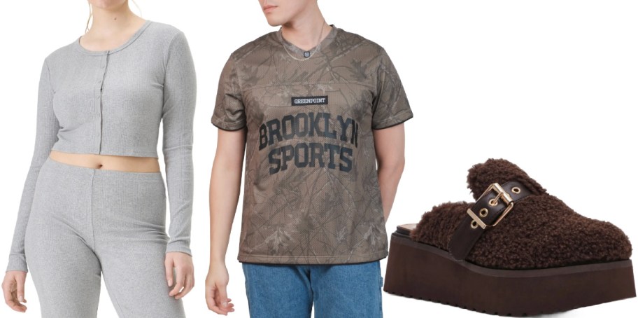 A person wears a gray ribbed lounge set, another dons a brown "Brooklyn Sports" tee with jeans, beside a single fuzzy brown platform sandal.