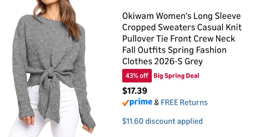 woman wearing gray sweater next to Amazon pricing information