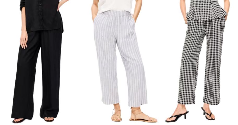 three women wearing old navy Linen-Blend Pants