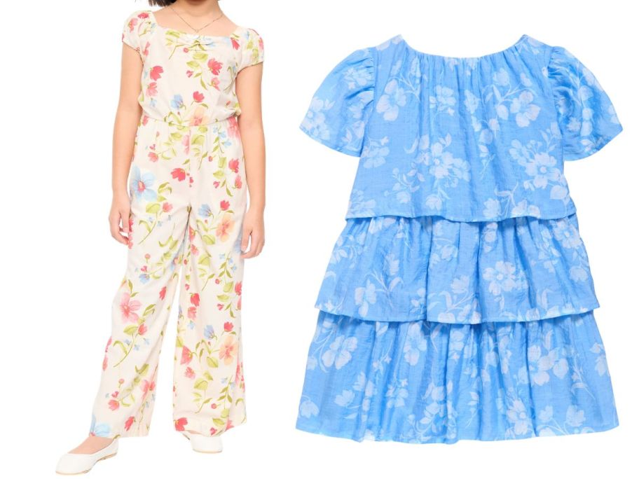 a girl wearing an old navy jumpsuit next to an old navy toddler dress