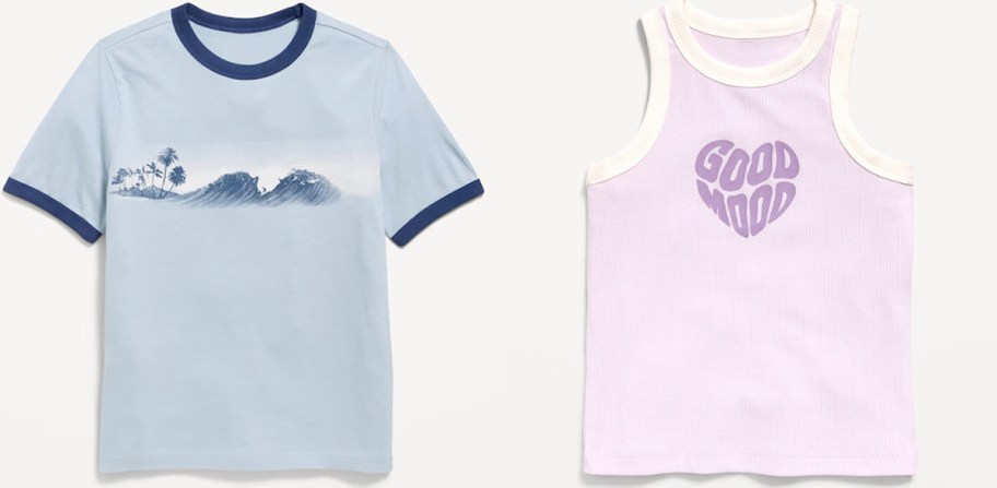 blue wave tee and purple heart tank 