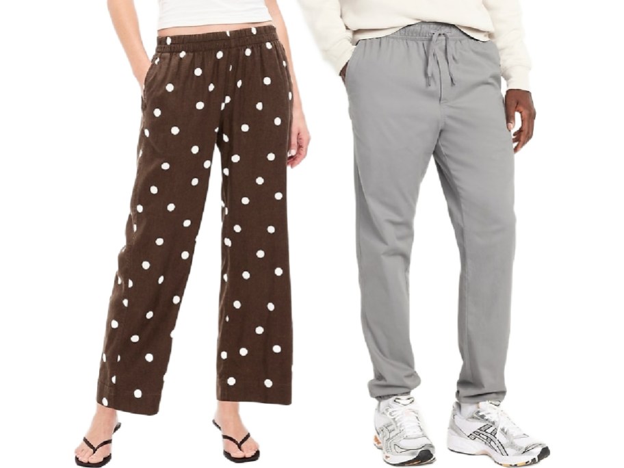 Two people stand side by side; one wears brown polka dot pants with flip-flops, and the other wears gray joggers with white sneakers.