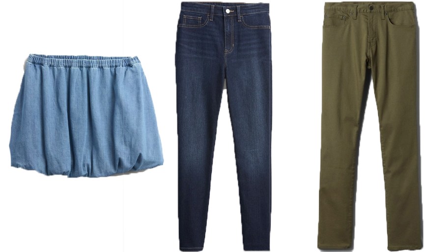 blue skirt, blue jeans, and green pants 