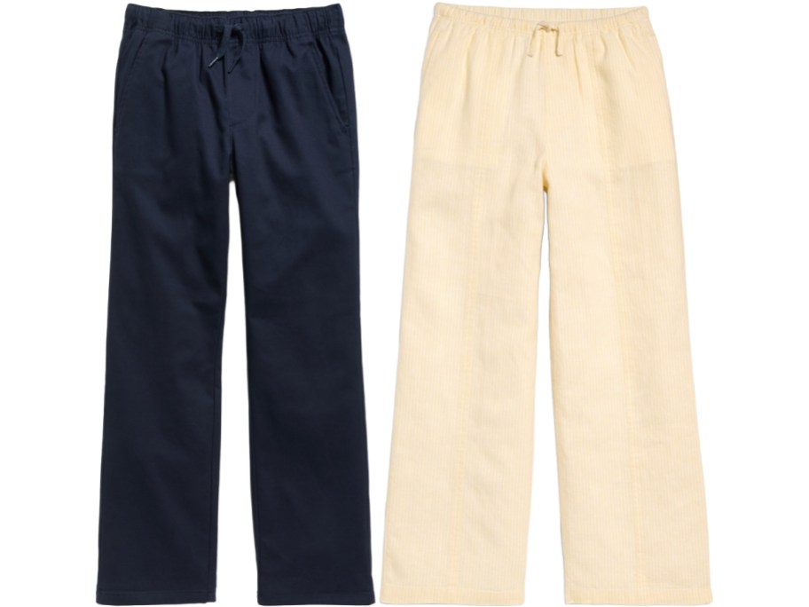 Two pairs of loose-fit pants side by side. The left pair is dark blue, and the right pair is light beige. Both have elastic waistbands.