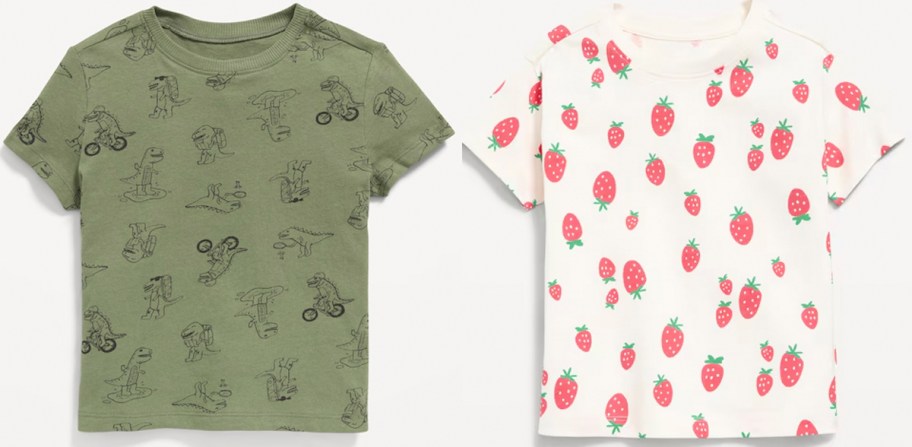 green dinosaur and white strawberry tee