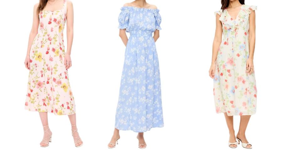 three women wearing old navy dresses