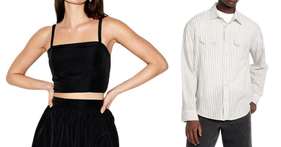 a woman and a man wearing old navy tops