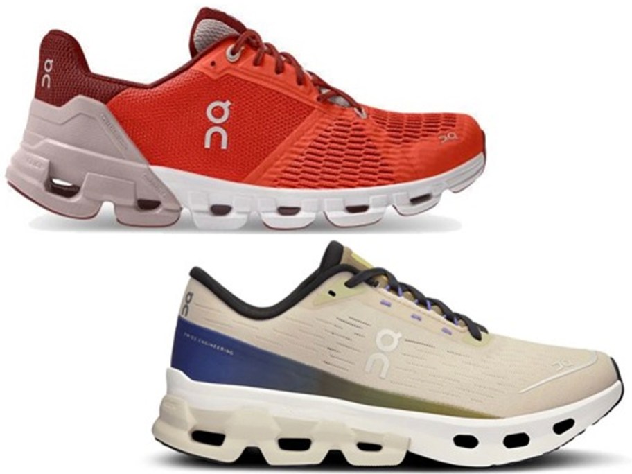 on cloud red and tan running shoes