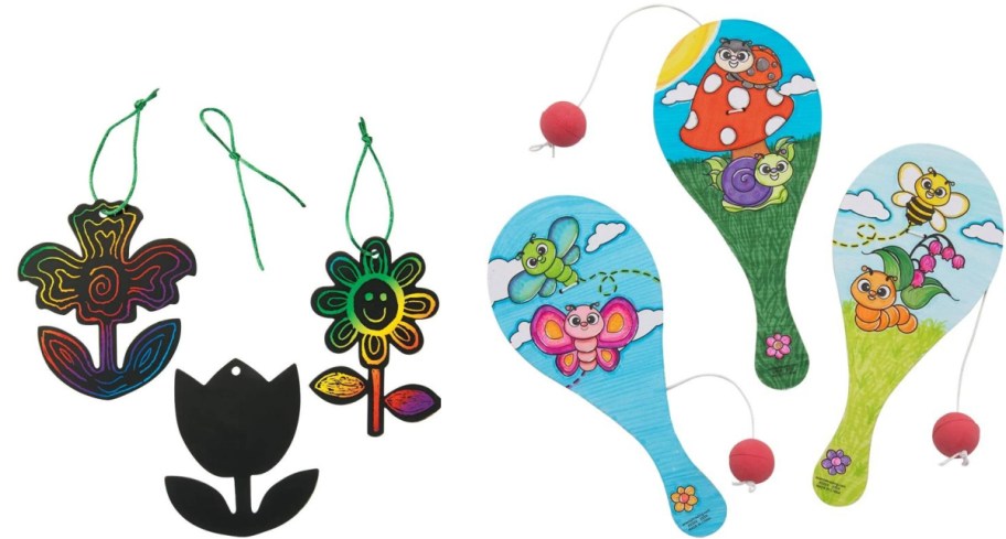 Colorful scratch art shapes and paddle ball games. On the left, vibrant flower and tulip art pieces with strings. On the right, three paddle balls with cheerful animal designs. Bright and playful tone.