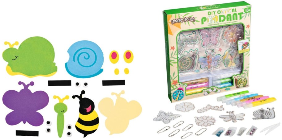 Craft kit with colorful foam shapes of insects and accessories on the left, and a "DIY Crystal Pendant" box, markers, and chains on the right.