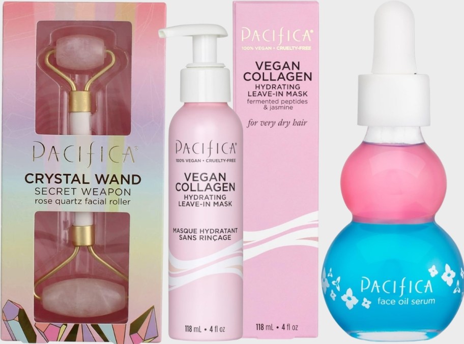 a pacifica face roller, leave in hair mask and face serum