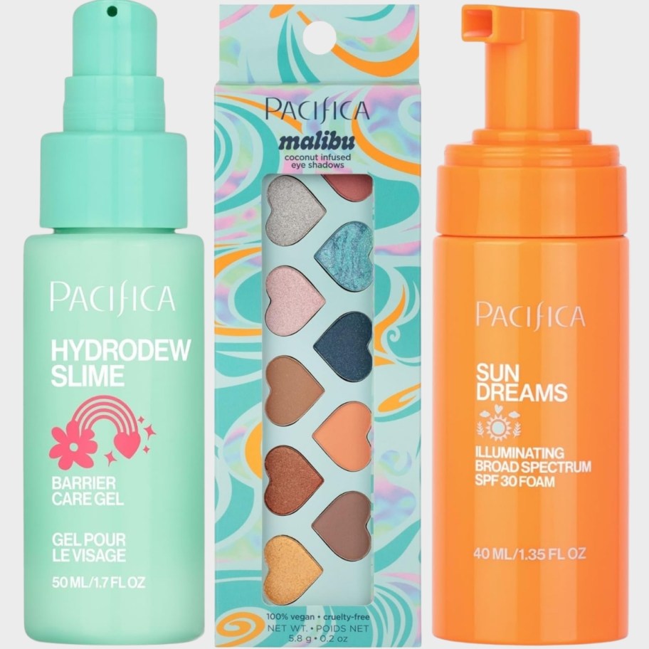 pacifica slime serum, eyeshadow palette and sunscree