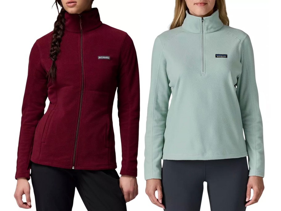 Women wearing maroon and green jackets 