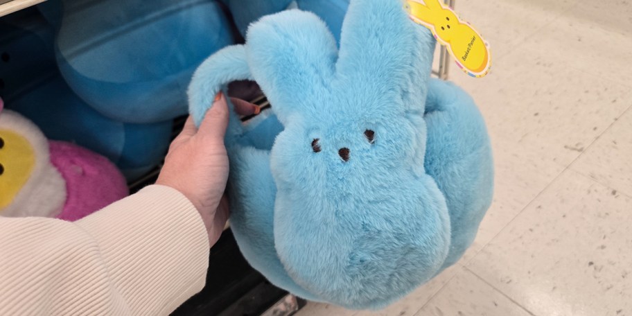 hand holding blue bunny basket