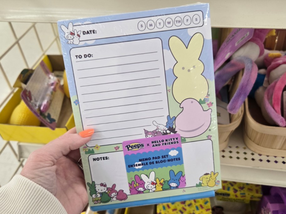 hand holding peeps memo pad