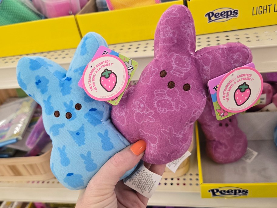 hand holding blue and purple plushes