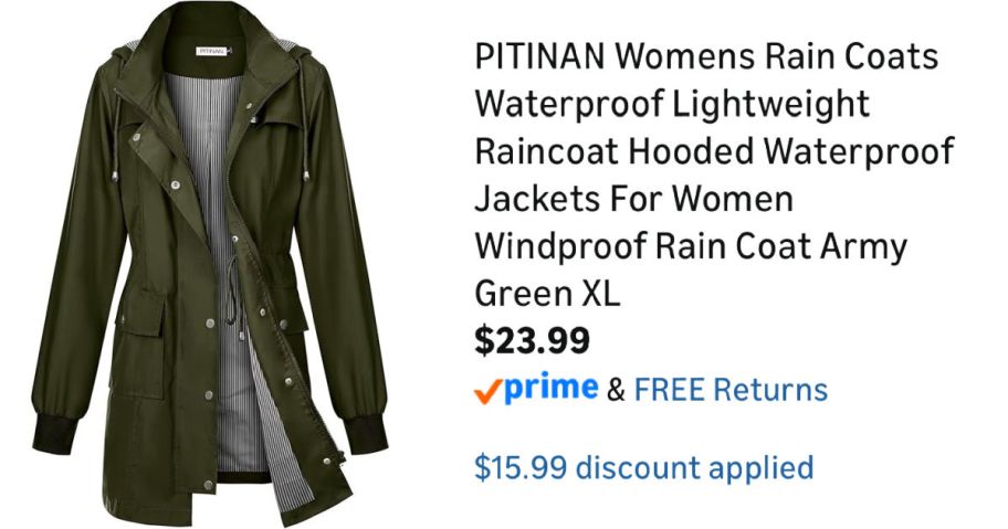 green rain jacket next to Amazon pricing information