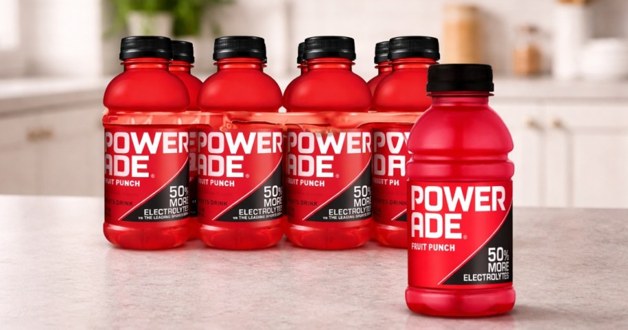 a pack of Powerade drinks on a counter