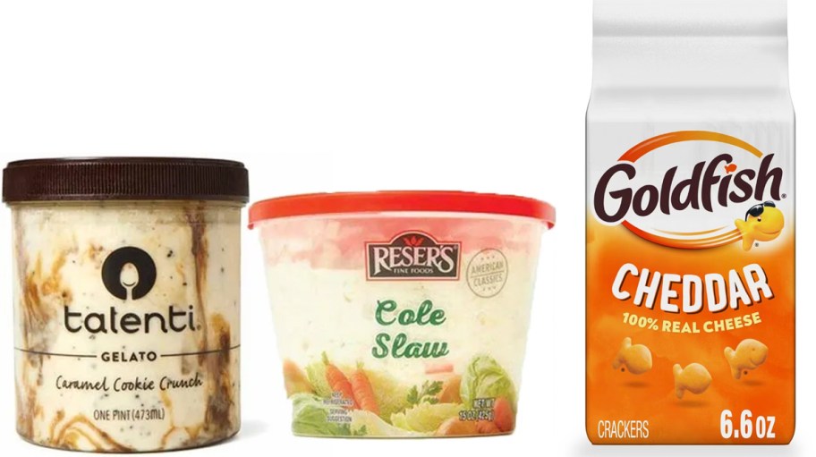 talenti gelato, cole slaw, and goldfish bag 