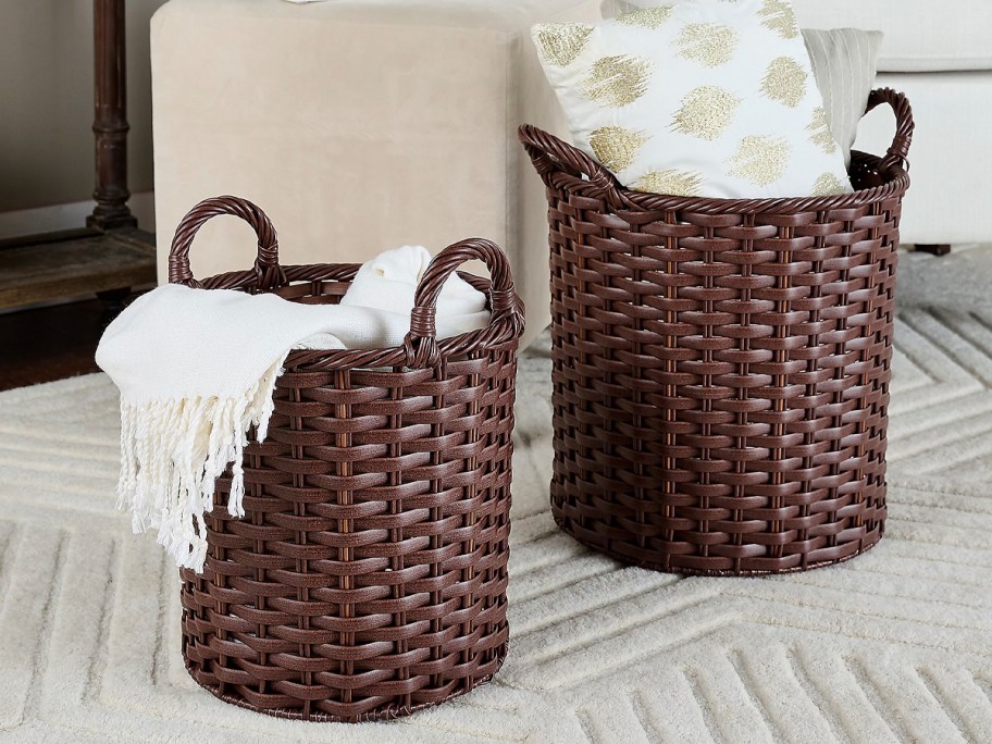 brown rattan baskets on bed 