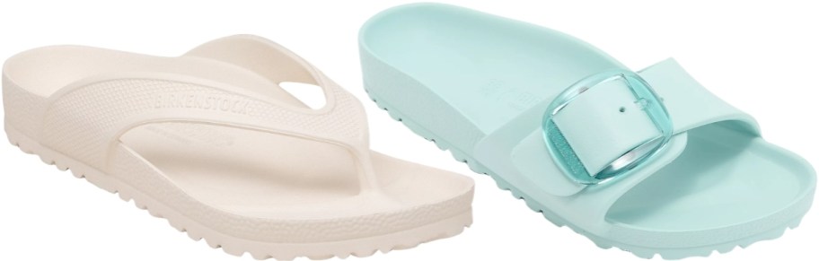 womens eggshell colored thong sandal and seamist green slide sandal