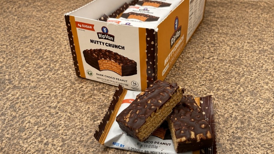 a box of rip van wafers with one packet opend and cut in half to show composition