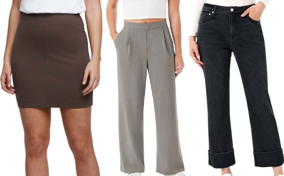 Three outfits are displayed: a brown mini skirt with a white top, gray wide-leg trousers with a crop top, and black flared jeans with a white shirt.