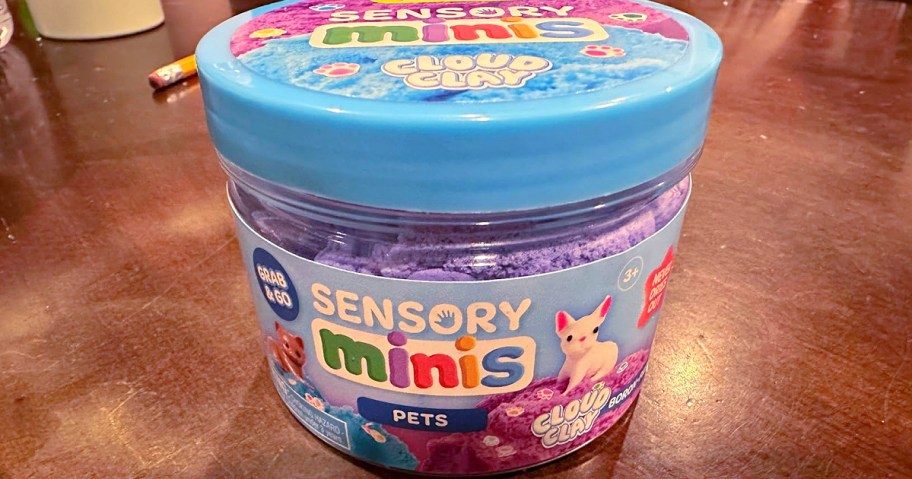 A jar of "Sensory Minis Cloud Clay Pets" on a wooden table. The container is blue with colorful text and a small animal illustration.