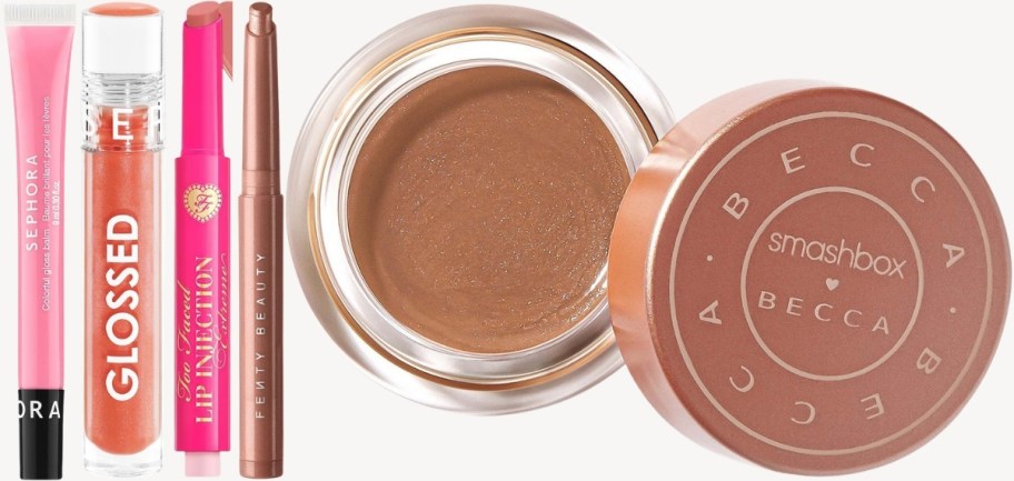 lip gloss, balm, lip injection treatment, and under eye highlighter